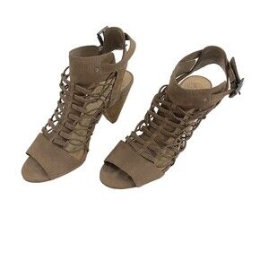Vince Camuto Women’s Size 7.5 Evel Smoke Taupe Caged Leather Sandal Stacked Heel
